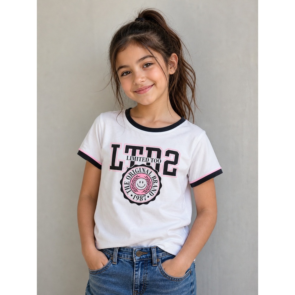 Limited Too Girls White Ringer Graphic T-Shirt XL 14 16 Smiley Face LTD2 Retro